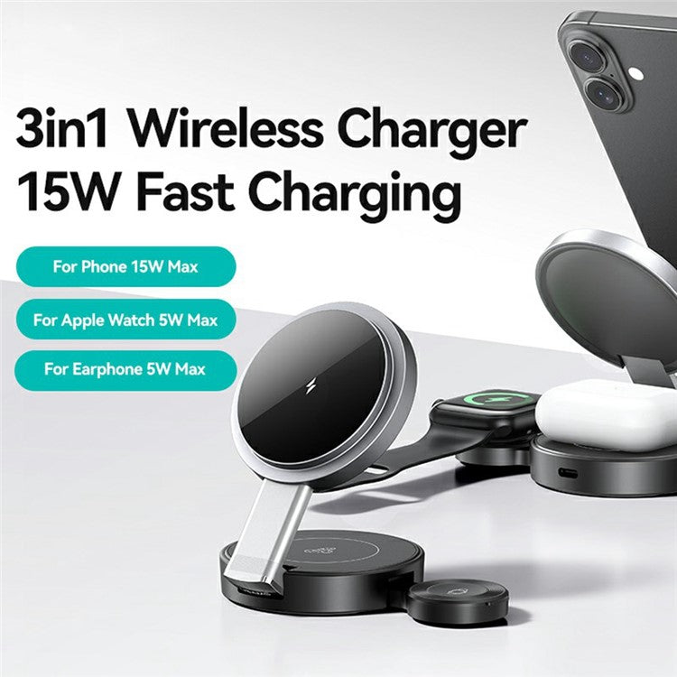 USAMS CD234 Phone / Watch / Earphone 3-in-1 Magnetic Wireless Charger Stand Foldable Fast Charging Dock