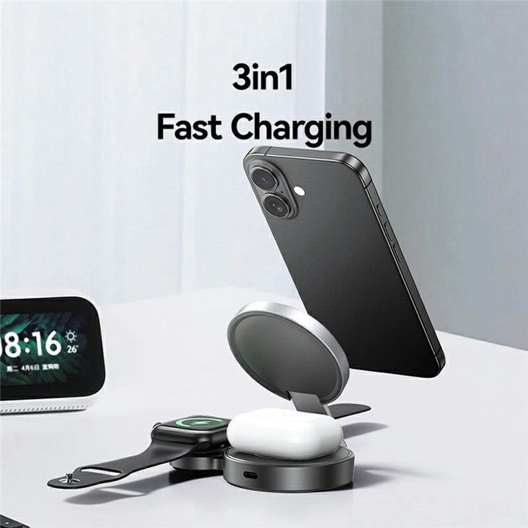 USAMS CD234 Phone / Watch / Earphone 3-in-1 Magnetic Wireless Charger Stand Foldable Fast Charging Dock