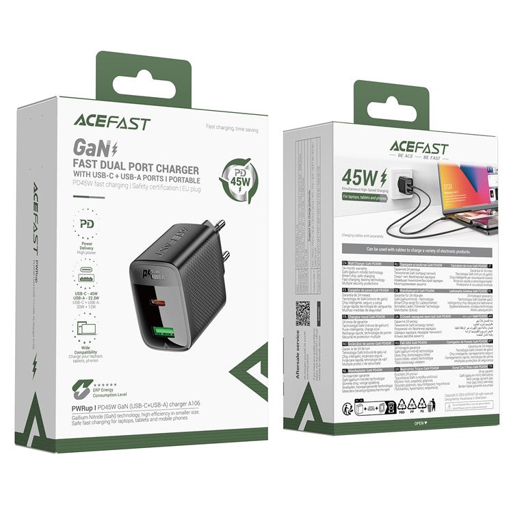 ACEFAST A106 GaN Charger PD 45W Fast Charging Dual Port USB-C USB-A Adapter - EU Plug