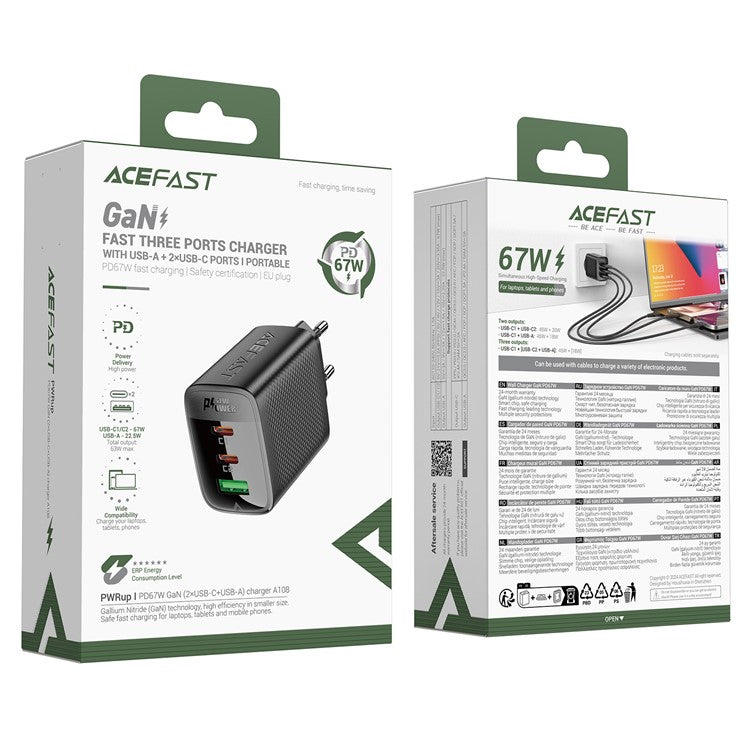 ACEFAST A108 PD 67W GaN Charger 2 USB-C + USB-A Fast Charging Adapter - EU Plug