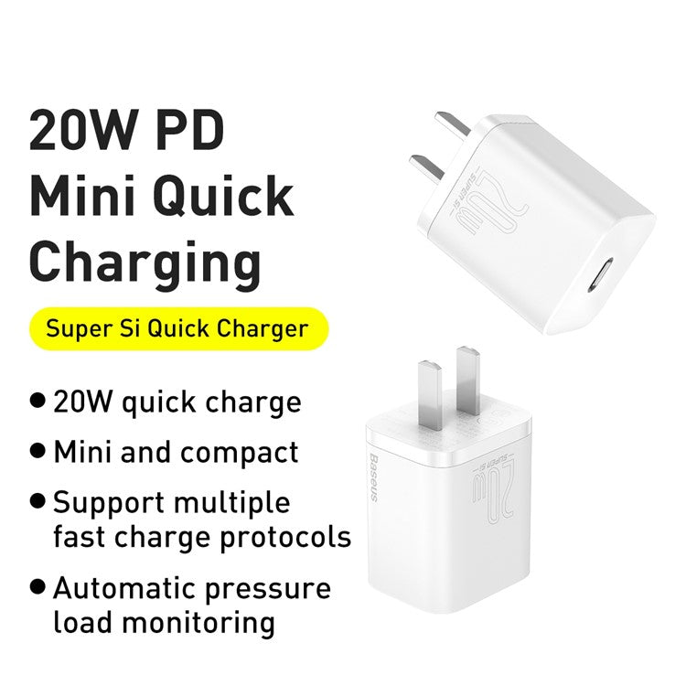 BASEUS Super Si Quick Charger 20W PD Wall Charger CN Standard Plug Portable Charger Adapter Block - White