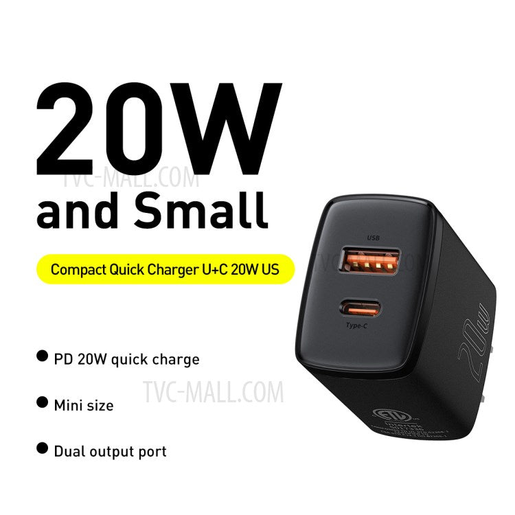 BASEUS Compact Quick Charger U+C Dual Ports 20W US Plug Charging Adapter - Black