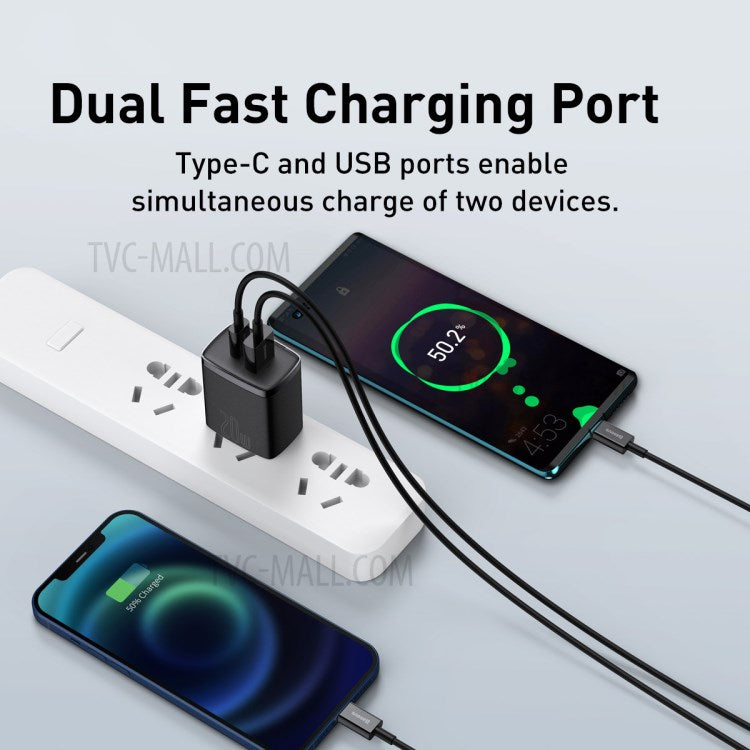 BASEUS Compact Quick Charger U+C Dual Ports 20W US Plug Charging Adapter - Black