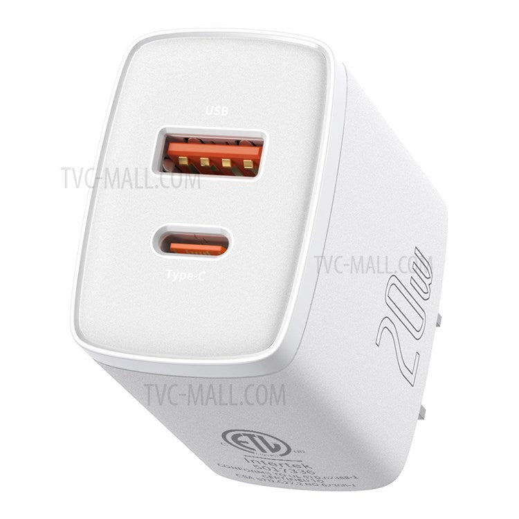 BASEUS Compact Quick Charger U+C Dual Ports 20W US Plug Charging Adapter - White