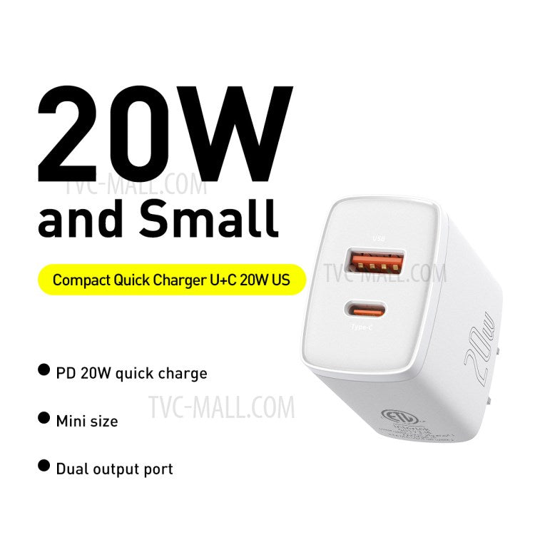 BASEUS Compact Quick Charger U+C Dual Ports 20W US Plug Charging Adapter - White