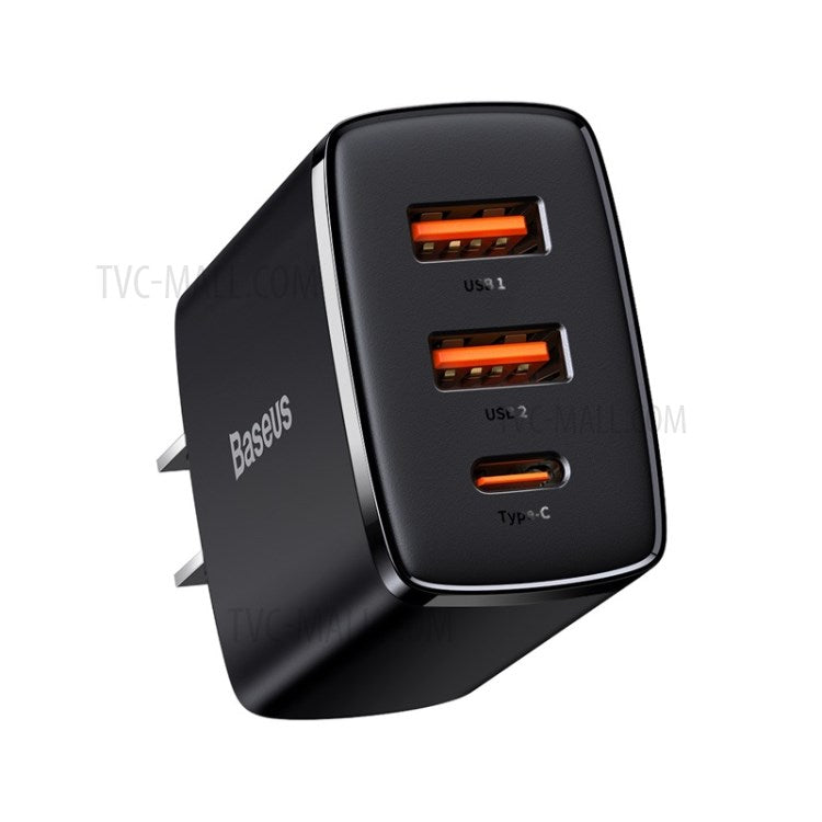 BASEUS Compact Quick Charger 2U+C Three Ports 30W Fast Charging Block Adapter US Plug - Black