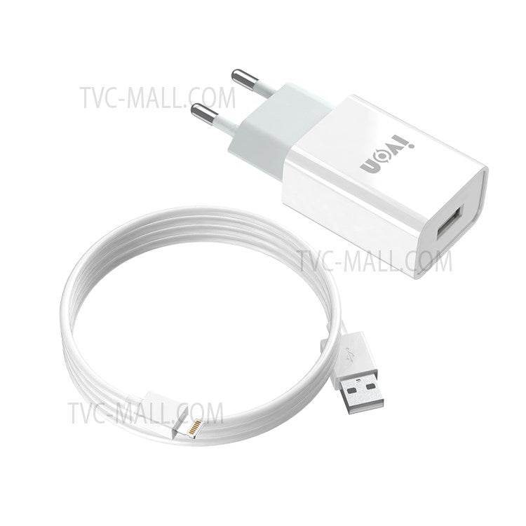 IVON AD-33 2.1A Single USB Port Wall Charger Adapter + 1m 8 Pin Data Cable - EU Plug