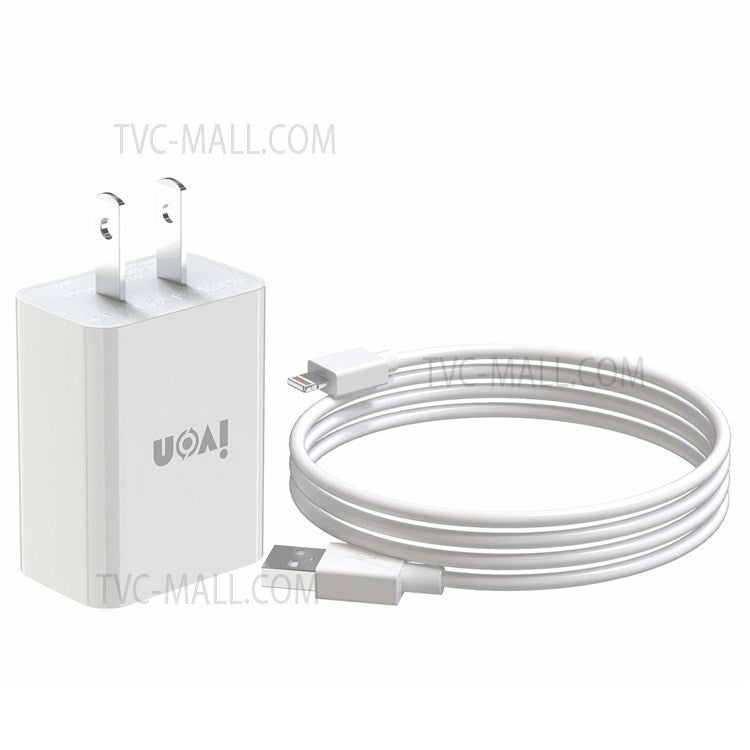 IVON AD-33 2.1A Single USB Port Wall Charger Adapter + 1m 8 Pin Data Cable - US Plug