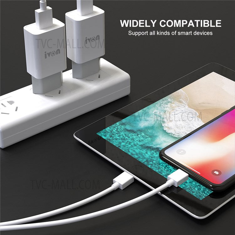 IVON AD-33 2.1A Single USB Port Wall Charger Adapter + 1m 8 Pin Data Cable - US Plug