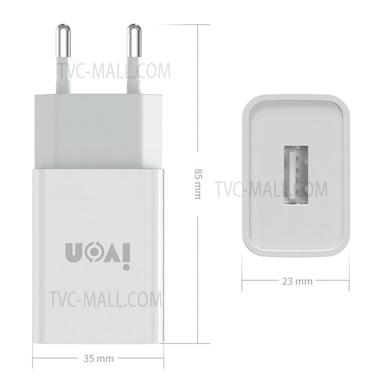 IVON AD-33 2.1A Single USB Port Wall Charger Adapter + 1m 8 Pin Data Cable - US Plug