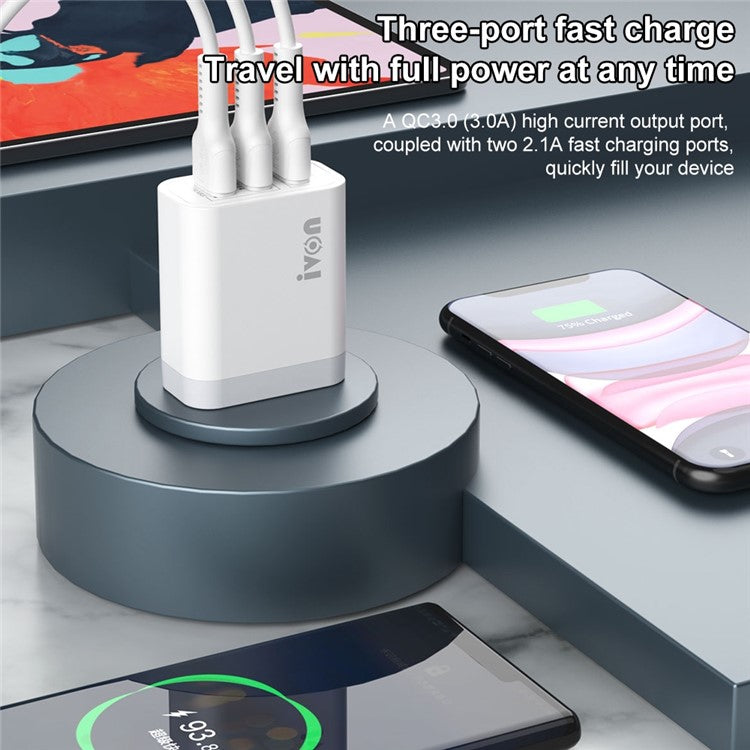 IVON AD37 For iPhone Xiaomi Huawei OPPO 3 USB Ports Quick Charge 3.0 Fast Charge Charger Travel Power Adapter, US Plug