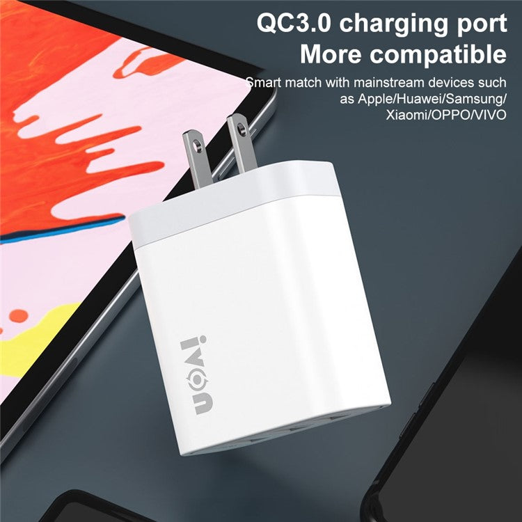 IVON AD37 For iPhone Xiaomi Huawei OPPO 3 USB Ports Quick Charge 3.0 Fast Charge Charger Travel Power Adapter, US Plug