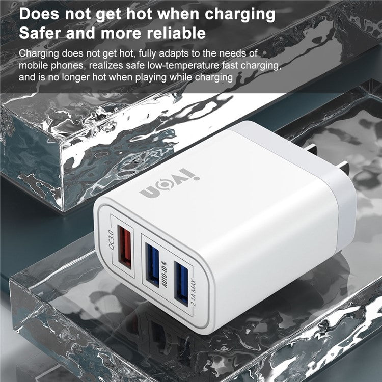 IVON AD37 For iPhone Xiaomi Huawei OPPO 3 USB Ports Quick Charge 3.0 Fast Charge Charger Travel Power Adapter, US Plug