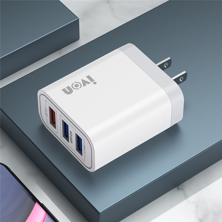 IVON AD37 For iPhone Xiaomi Huawei OPPO 3 USB Ports Quick Charge 3.0 Fast Charge Charger Travel Power Adapter, US Plug