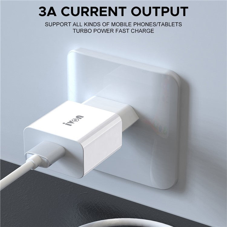 IVON AD-35 3A Fast Charging QC3.0 USB Wall Charger + 1m 8 Pin Data Cable - EU Plug