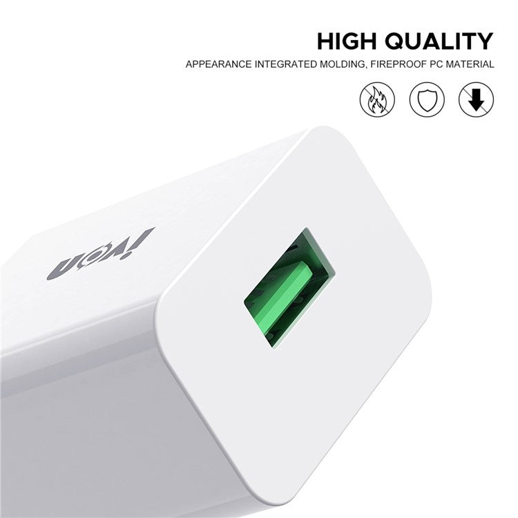 IVON AD-35 3A Fast Charging QC3.0 USB Wall Charger + 1m 8 Pin Data Cable - EU Plug