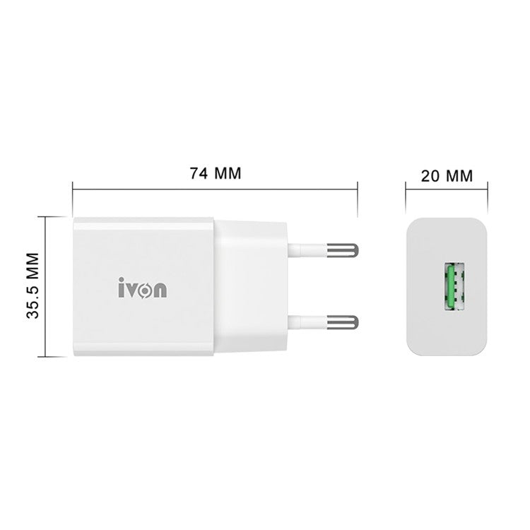 IVON AD-35 3A Fast Charging QC3.0 USB Wall Charger + 1m 8 Pin Data Cable - EU Plug