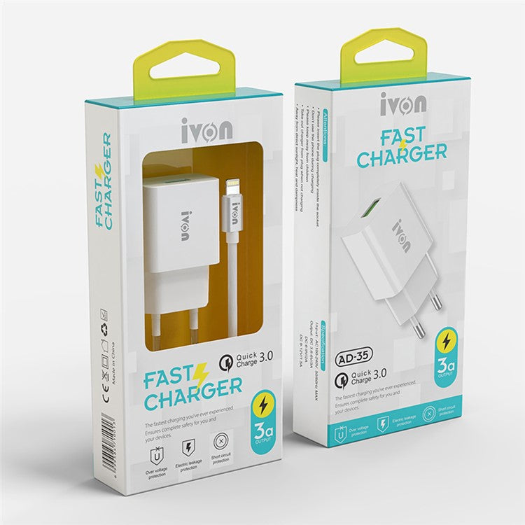 IVON AD-35 3A Fast Charging QC3.0 USB Wall Charger + 1m 8 Pin Data Cable - EU Plug