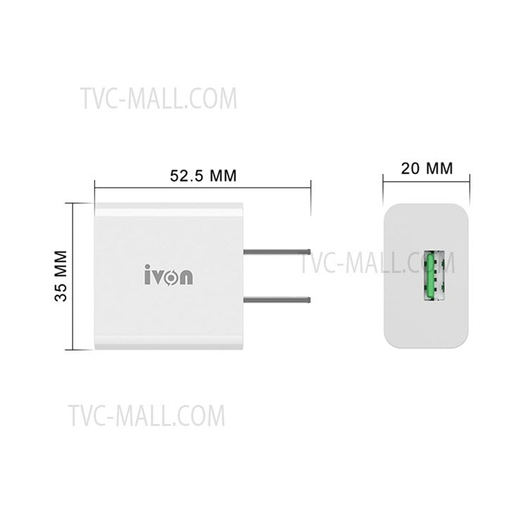 IVON AD-35 3A Fast Charging QC3.0 USB Wall Charger + 1m 8 Pin Data Cable - US Plug