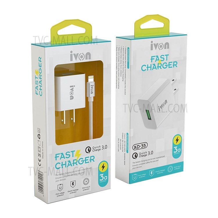 IVON AD-35 3A Fast Charging QC3.0 USB Wall Charger + 1m 8 Pin Data Cable - US Plug