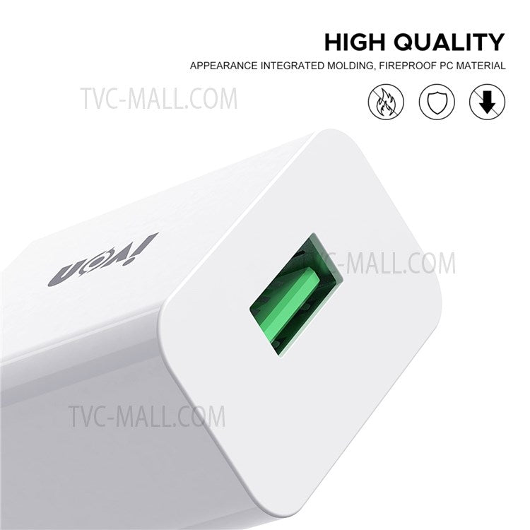 IVON AD-35 3A Fast Charging QC3.0 USB Wall Charger + 1m 8 Pin Data Cable - US Plug