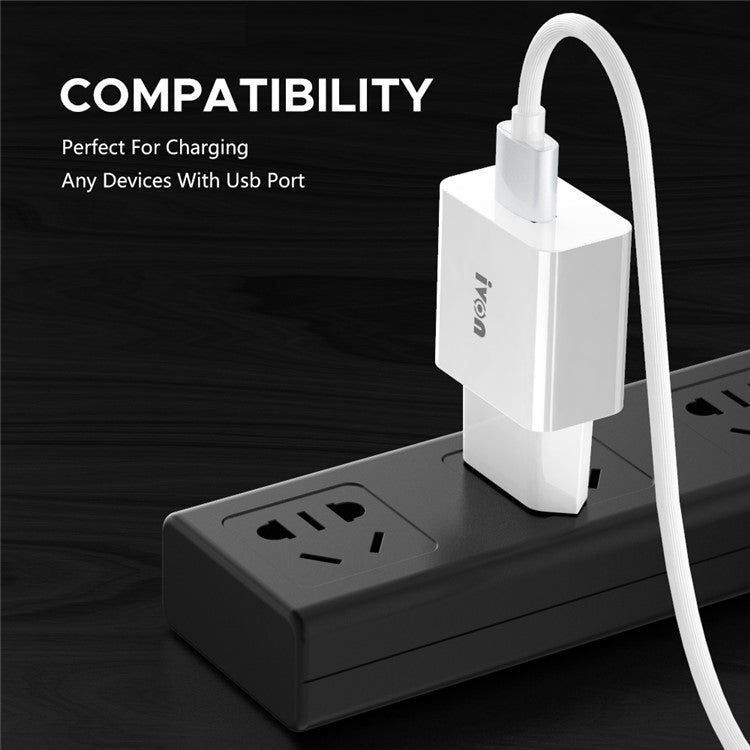 IVON AD-35 3A High Current Fast Charger Travel Power Adapter QC3.0 USB Wall Charger + 1m Micro USB Data Cable - EU Plug