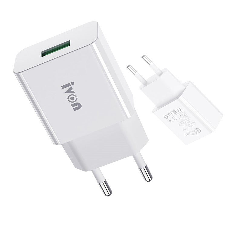 IVON AD-35 3A High Current Fast Charger Travel Power Adapter QC3.0 USB Wall Charger + 1m Micro USB Data Cable - EU Plug