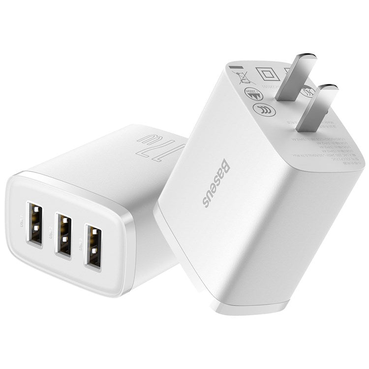 BASEUS Compact Charger 3 USB Ports 17W Power Adapter, CN Plug - White