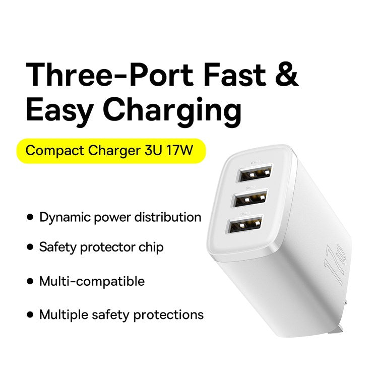 BASEUS Compact Charger 3 USB Ports 17W Power Adapter, CN Plug - White