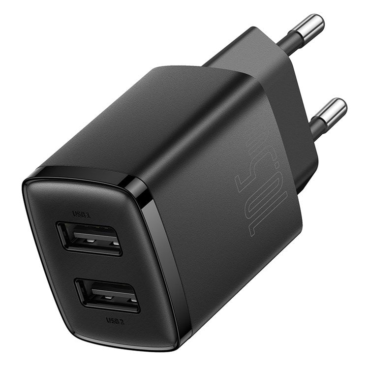 BASEUS Compact Charger with 2 USB Ports 10.5W Power Adapter, EU Plug - Black