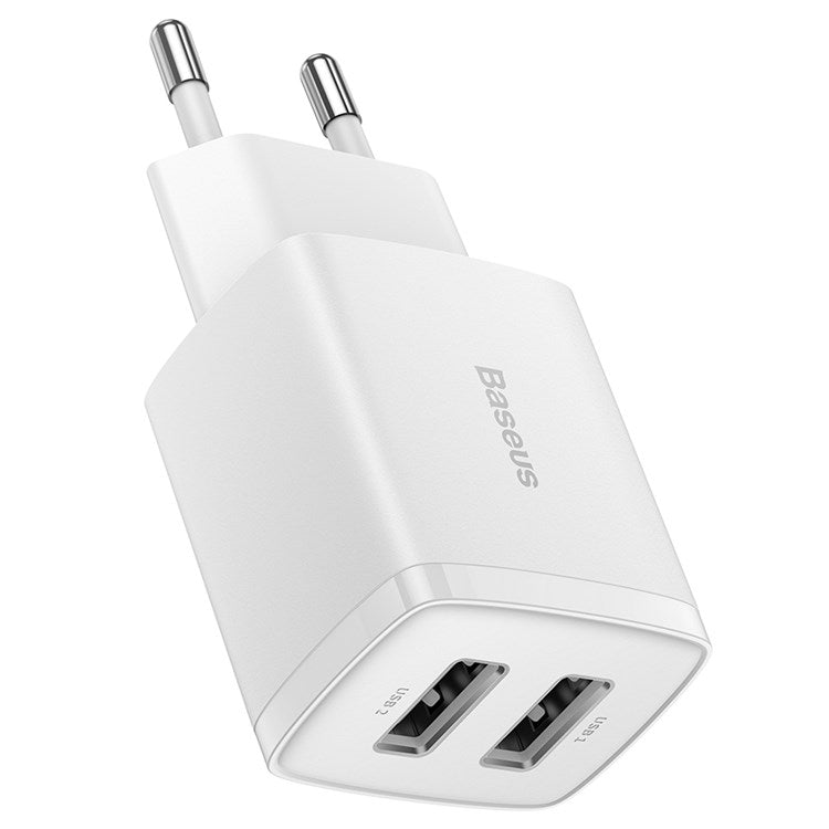 BASEUS Compact Charger with 2 USB Ports 10.5W Power Adapter, EU Plug - White