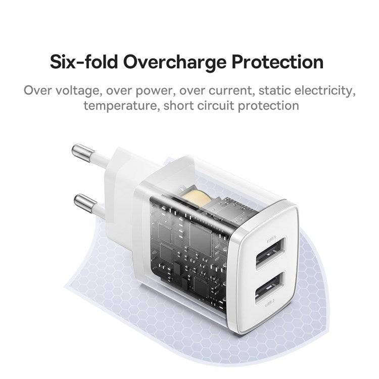 BASEUS Compact Charger with 2 USB Ports 10.5W Power Adapter, EU Plug - White