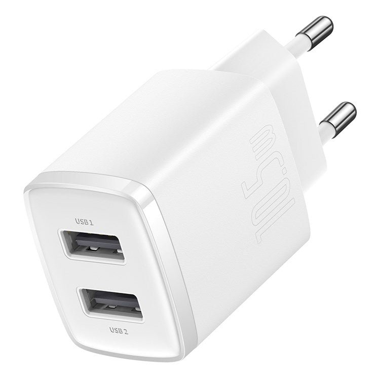 BASEUS Compact Charger with 2 USB Ports 10.5W Power Adapter, EU Plug - White