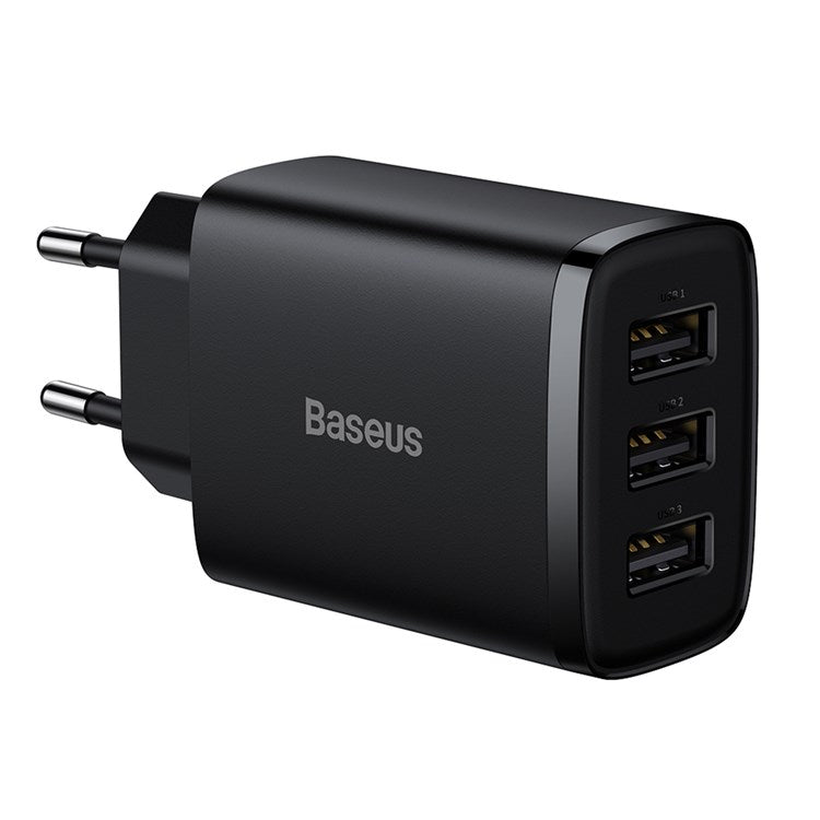 BASEUS Compact Charger with 3 USB Ports Wall Charger 17W Power Adapter, EU Plug - Black