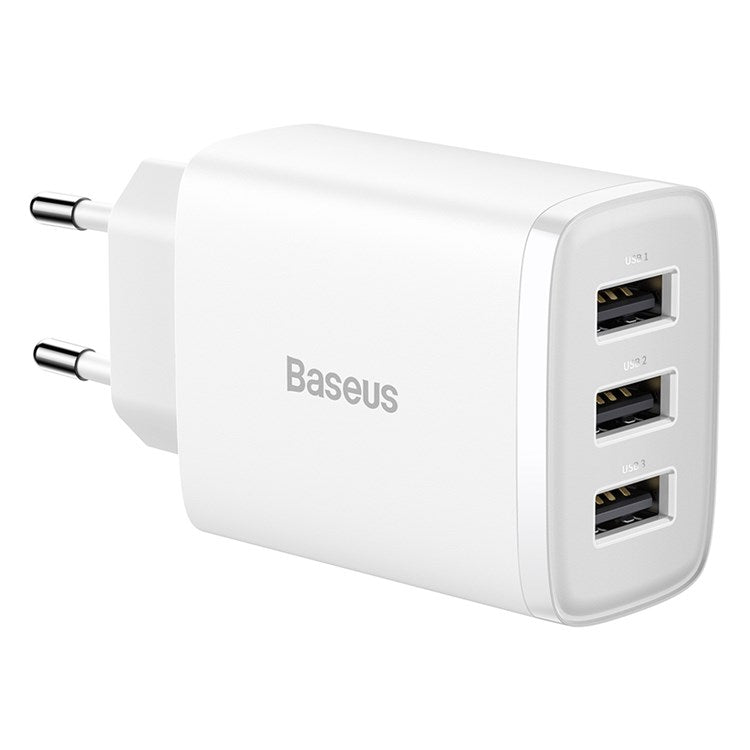 BASEUS Compact Charger with 3 USB Ports Wall Charger 17W Power Adapter, EU Plug - White