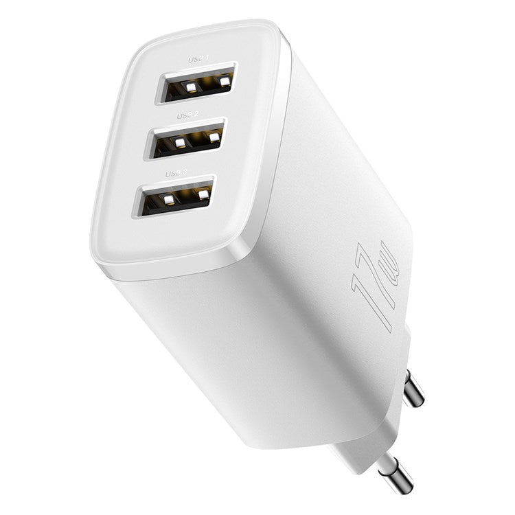 BASEUS Compact Charger with 3 USB Ports Wall Charger 17W Power Adapter, EU Plug - White