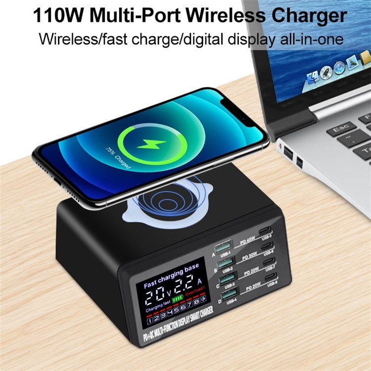 X9D 110W USB+PD Smart Multi-Port Charger + Wireless Charger for iPhone iPad AC100-240V Anti-Slip Charging Station - US Plug