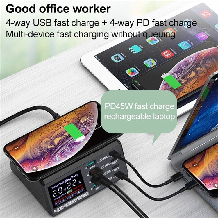 X9D 110W USB+PD Smart Multi-Port Charger + Wireless Charger for iPhone iPad AC100-240V Anti-Slip Charging Station - US Plug