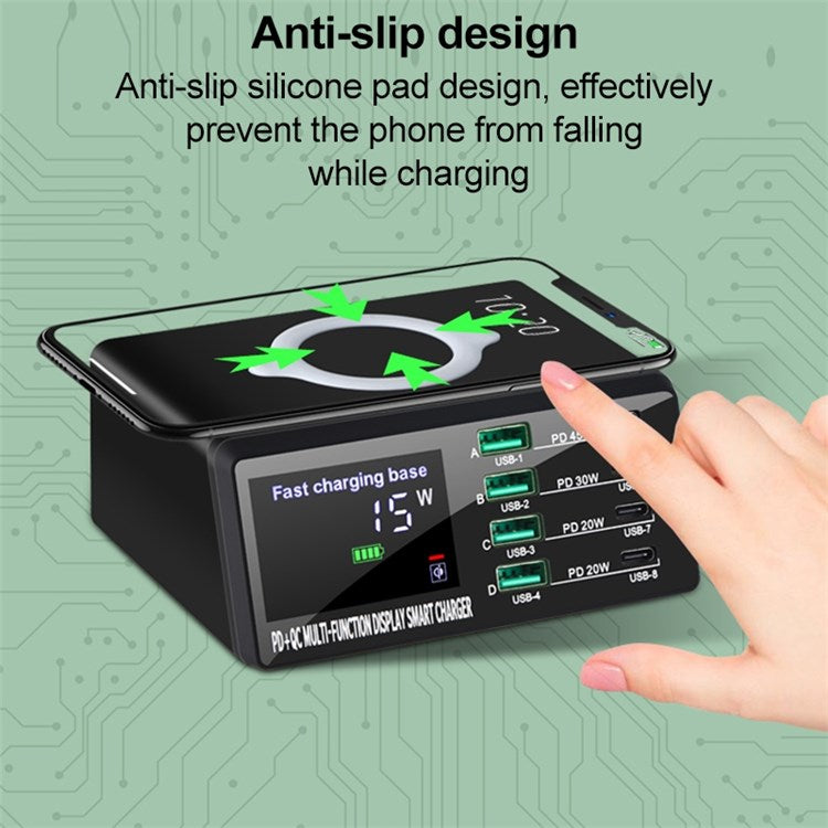 X9D 110W USB+PD Smart Multi-Port Charger + Wireless Charger for iPhone iPad AC100-240V Anti-Slip Charging Station - US Plug