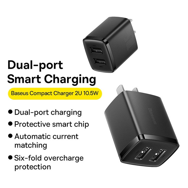 BASEUS Compact Charger 2U 10.5W Wall Charger Portable Mini Charger Block with Dual USB Ports (CN Plug) - Black