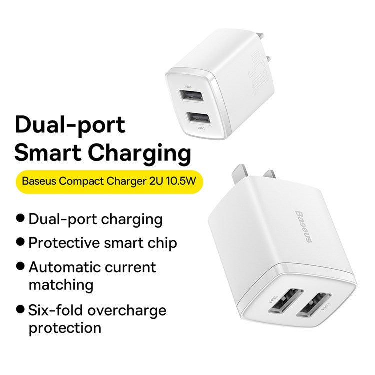 BASEUS Compact Charger 2U 10.5W Wall Charger Portable Mini Charger Block with Dual USB Ports (CN Plug) - White