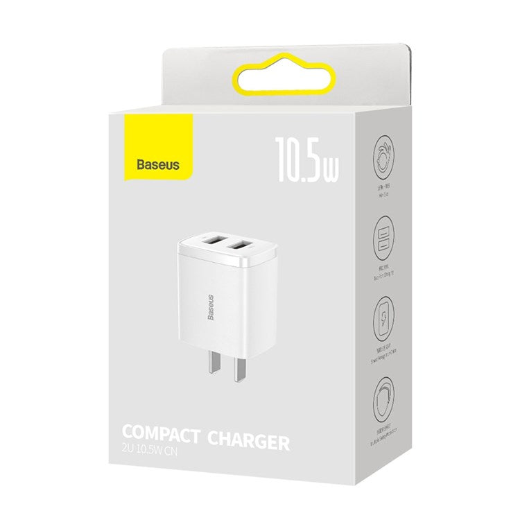 BASEUS Compact Charger 2U 10.5W Wall Charger Portable Mini Charger Block with Dual USB Ports (CN Plug) - White