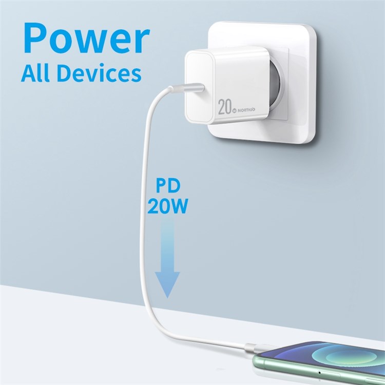 NORTHJO NOPD200601EU PD 20W USB C Single Port Fast Charger Wall Adapter - EU Plug/White