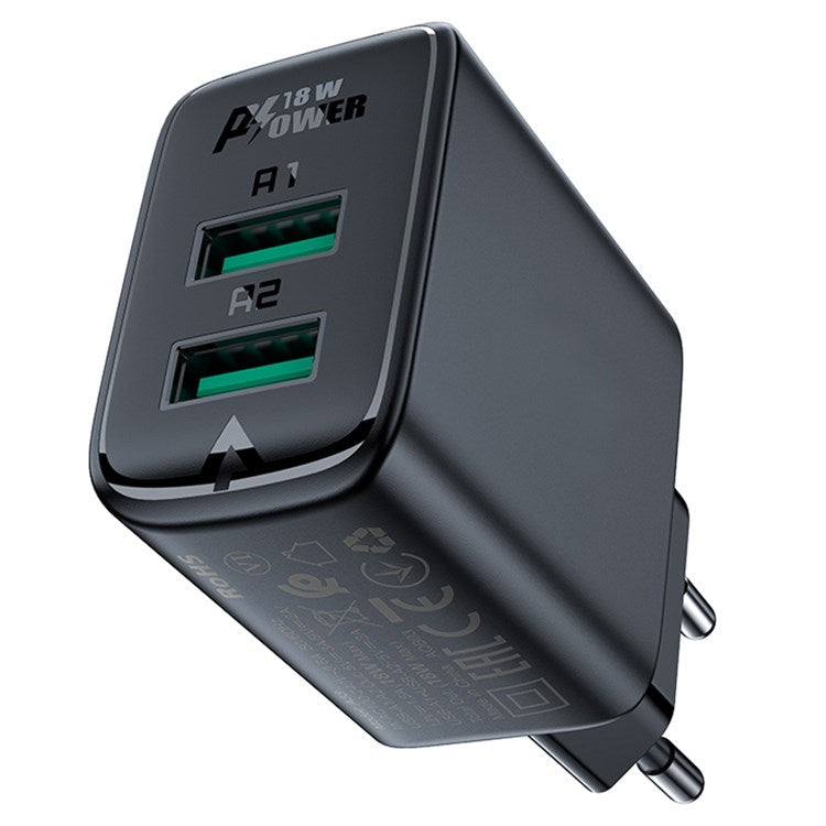 ACEFAST A33 EU Plug QC 18W USB-A+USB-A Dual Port Charger Fast Charging Adapter - Black