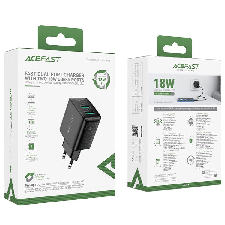 ACEFAST A33 EU Plug QC 18W USB-A+USB-A Dual Port Charger Fast Charging Adapter - Black