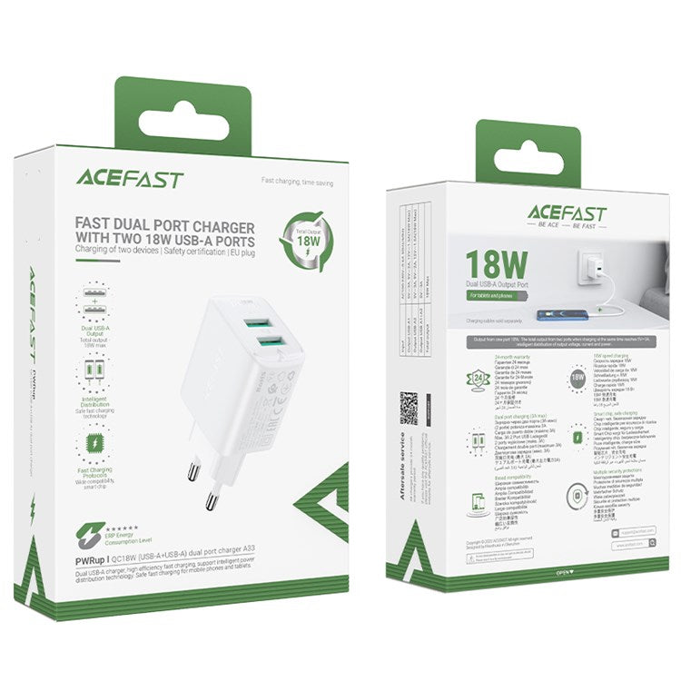 ACEFAST A33 EU Plug QC 18W USB-A+USB-A Dual Port Charger Fast Charging Adapter - White