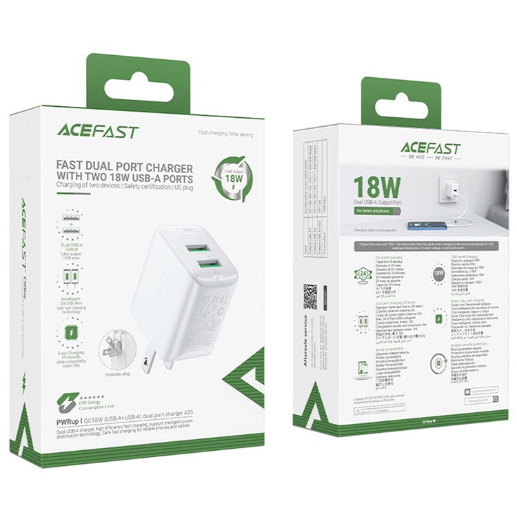 ACEFAST A35 QC18W USB Wall Charger USB-A+USB-A Dual Port Charger Block Adapter with Folding Plug (US Plug) - White