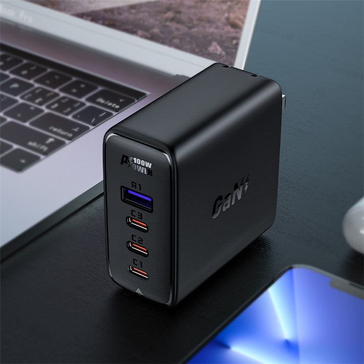 ACEFAST A39 PD100W GaN Wall Charger Set 3xUSB C+1xUSB A Ports QC3.0 Fast Charging Speed Power Delivery Adapter with Cable (US Plug) - Black