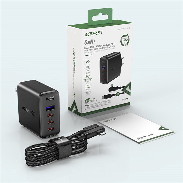 ACEFAST A39 PD100W GaN Wall Charger Set 3xUSB C+1xUSB A Ports QC3.0 Fast Charging Speed Power Delivery Adapter with Cable (US Plug) - Black