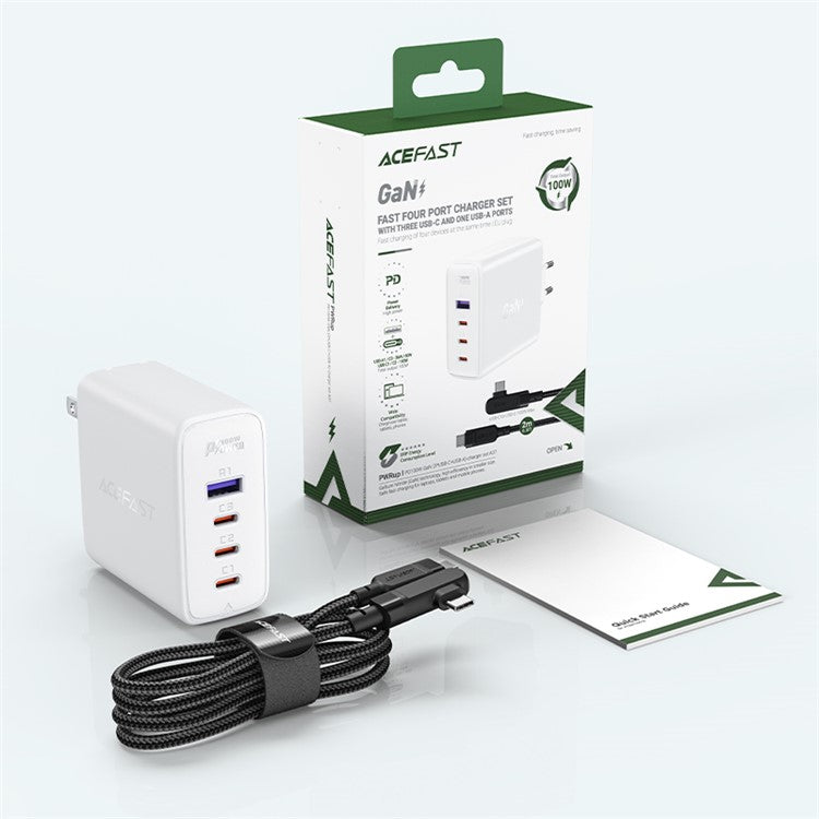 ACEFAST A39 PD100W GaN Wall Charger Set 3xUSB C+1xUSB A Ports QC3.0 Fast Charging Speed Power Delivery Adapter with Cable (US Plug) - White